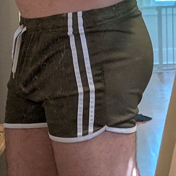 Olive Green Men's Shorts with White Accents - Picture 3 of 7